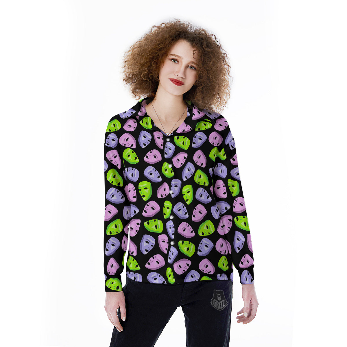 Pink Green And Purple Theater Masks Print Pattern Women's Long Sleeve Shirts-grizzshop