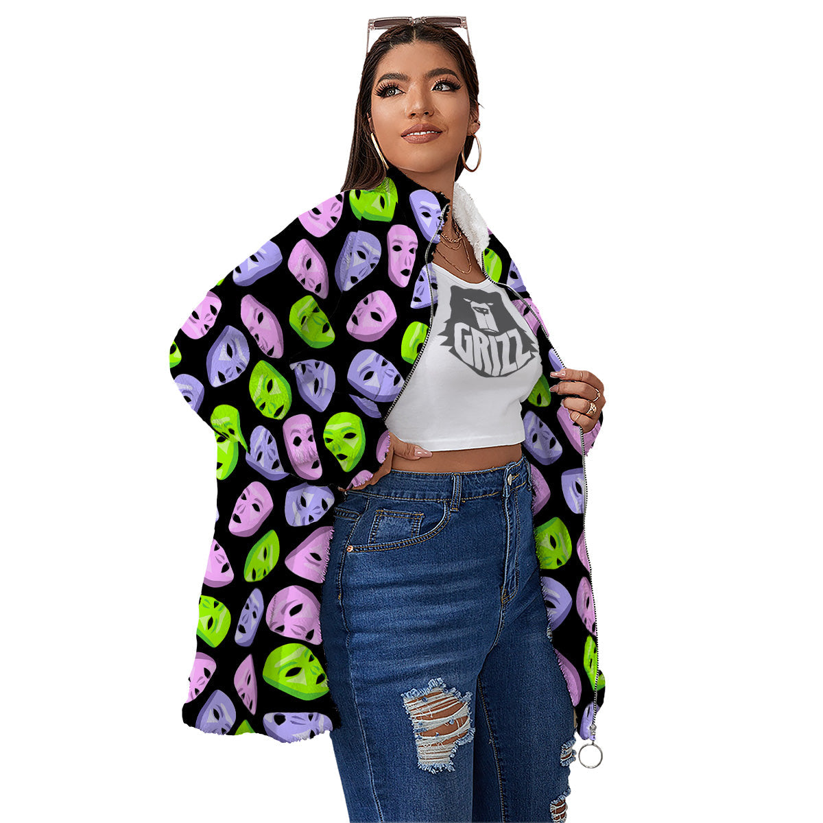 Pink Green And Purple Theater Masks Print Pattern Women's Sherpa Jacket-grizzshop