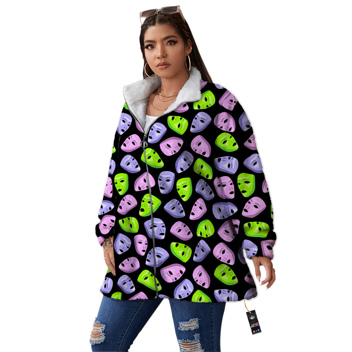 Pink Green And Purple Theater Masks Print Pattern Women's Sherpa Jacket-grizzshop