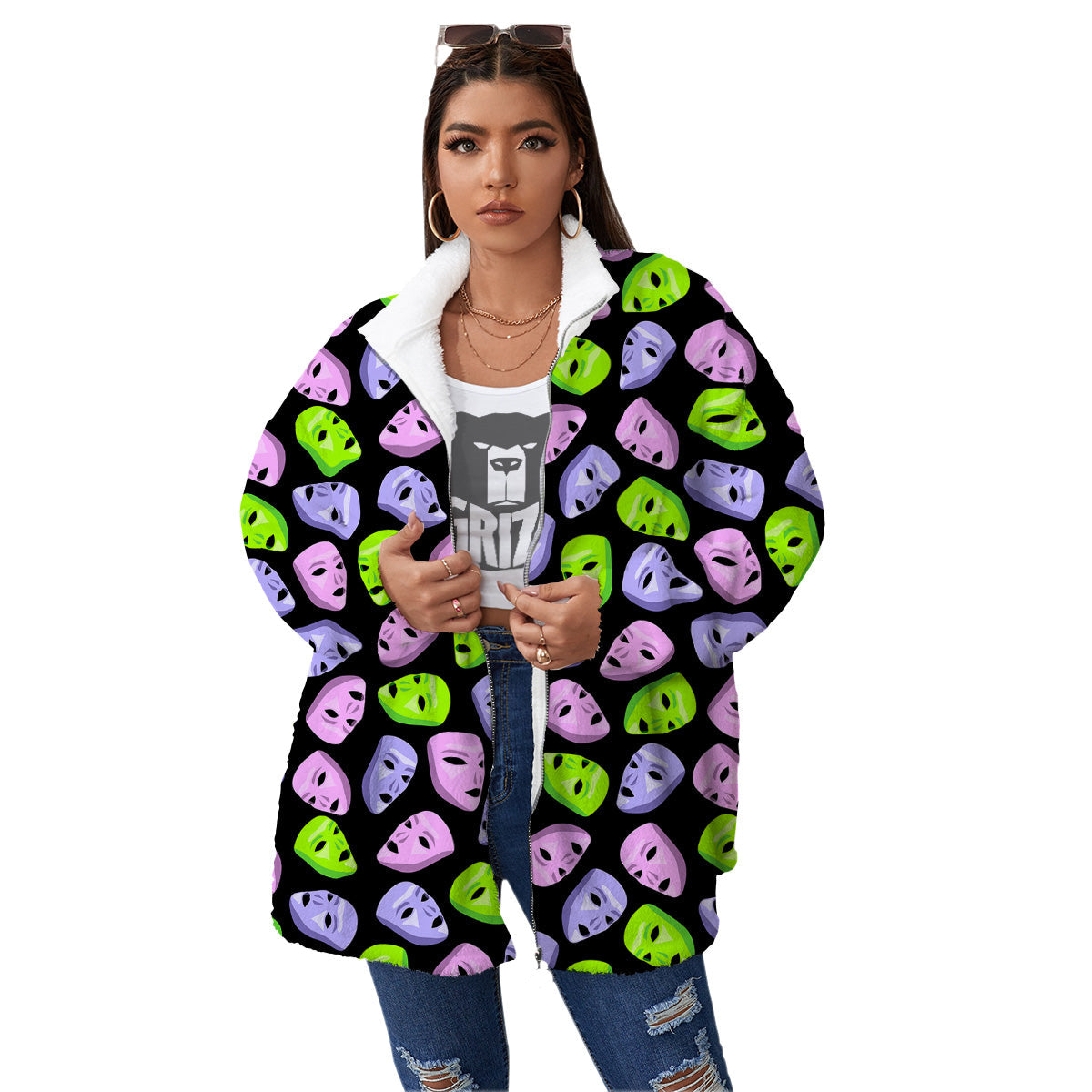 Pink Green And Purple Theater Masks Print Pattern Women's Sherpa Jacket-grizzshop