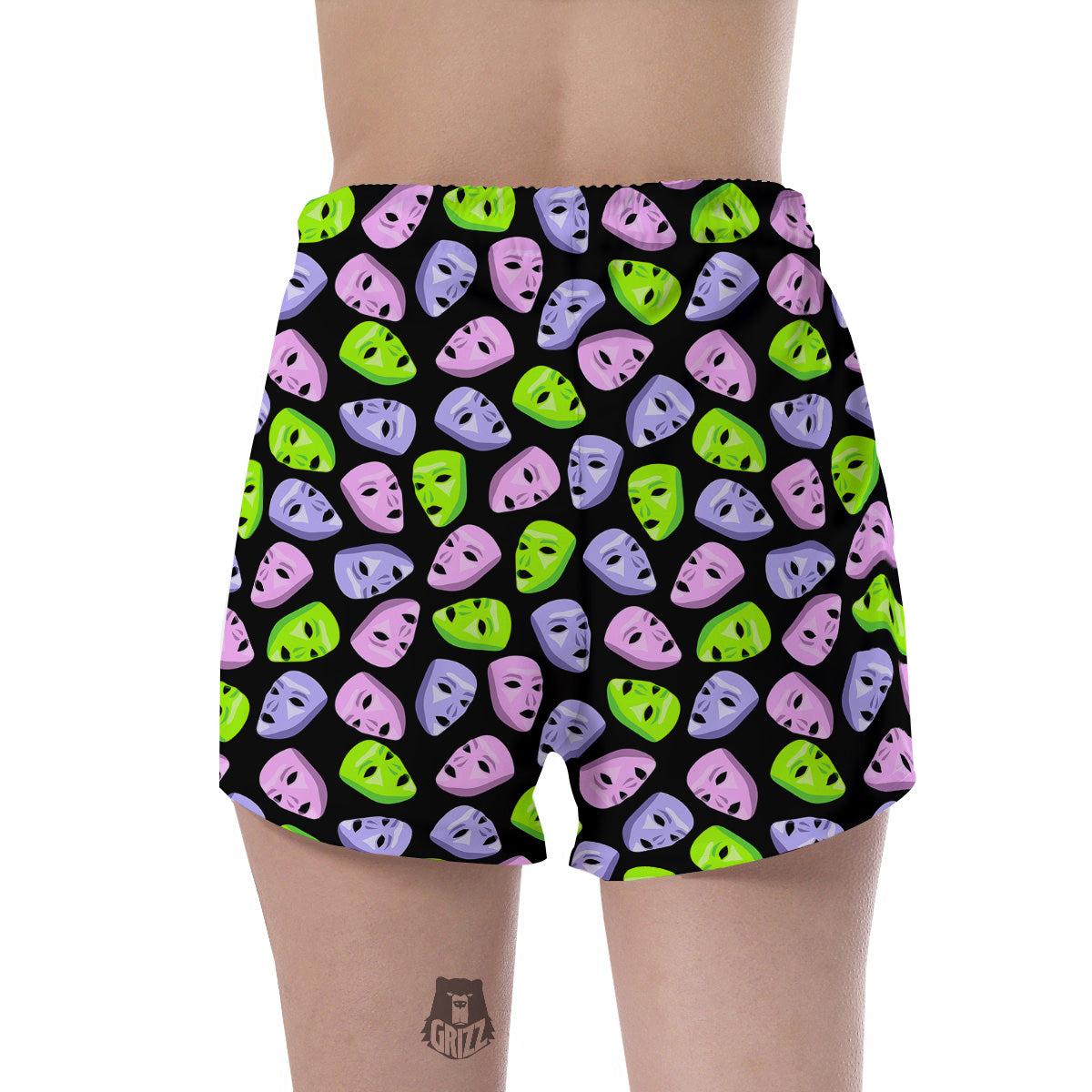 Pink Green And Purple Theater Masks Print Pattern Women's Shorts-grizzshop