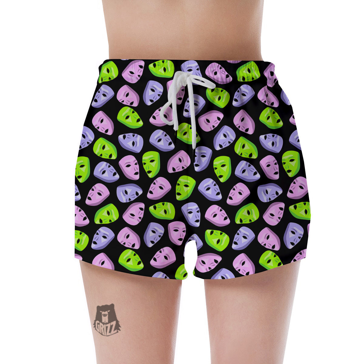 Pink Green And Purple Theater Masks Print Pattern Women's Shorts-grizzshop