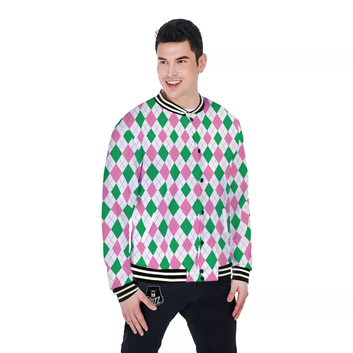 Pink Green And White Argyle Print Baseball Jacket-grizzshop