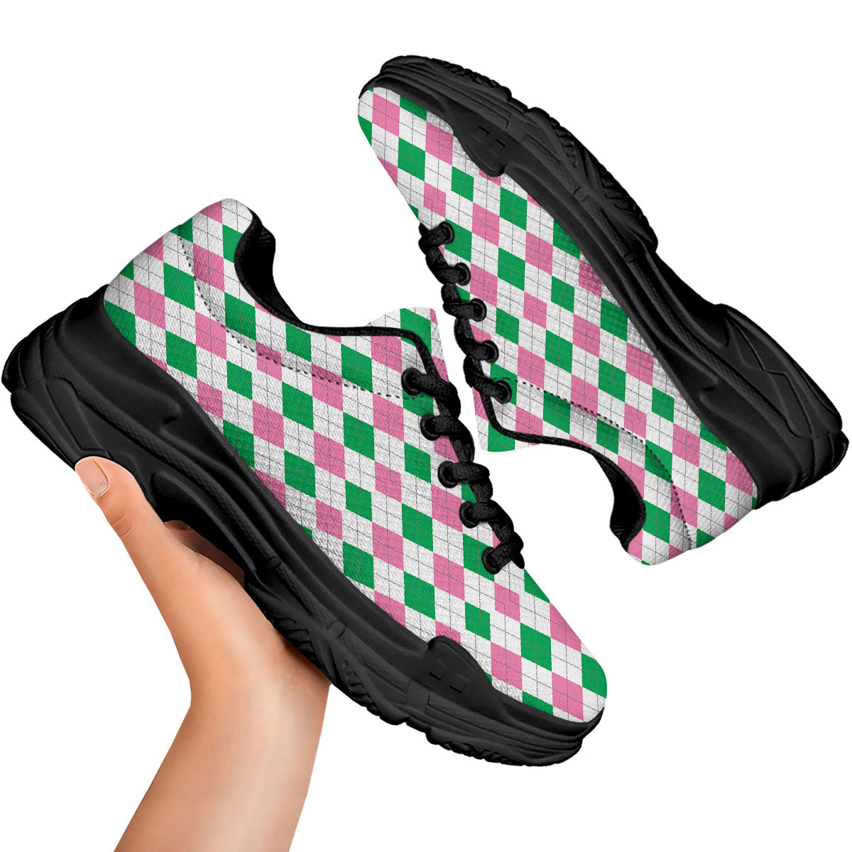 Pink Green And White Argyle Print Black Chunky Shoes-grizzshop