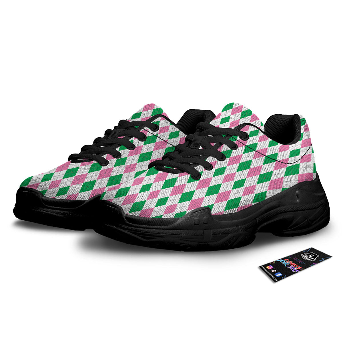 Pink Green And White Argyle Print Black Chunky Shoes-grizzshop