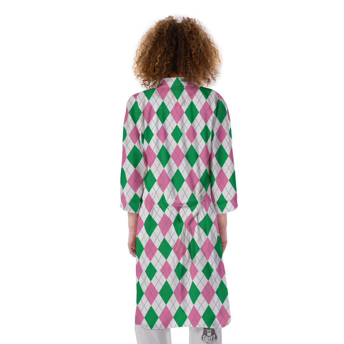 Pink Green And White Argyle Print Kimono-grizzshop