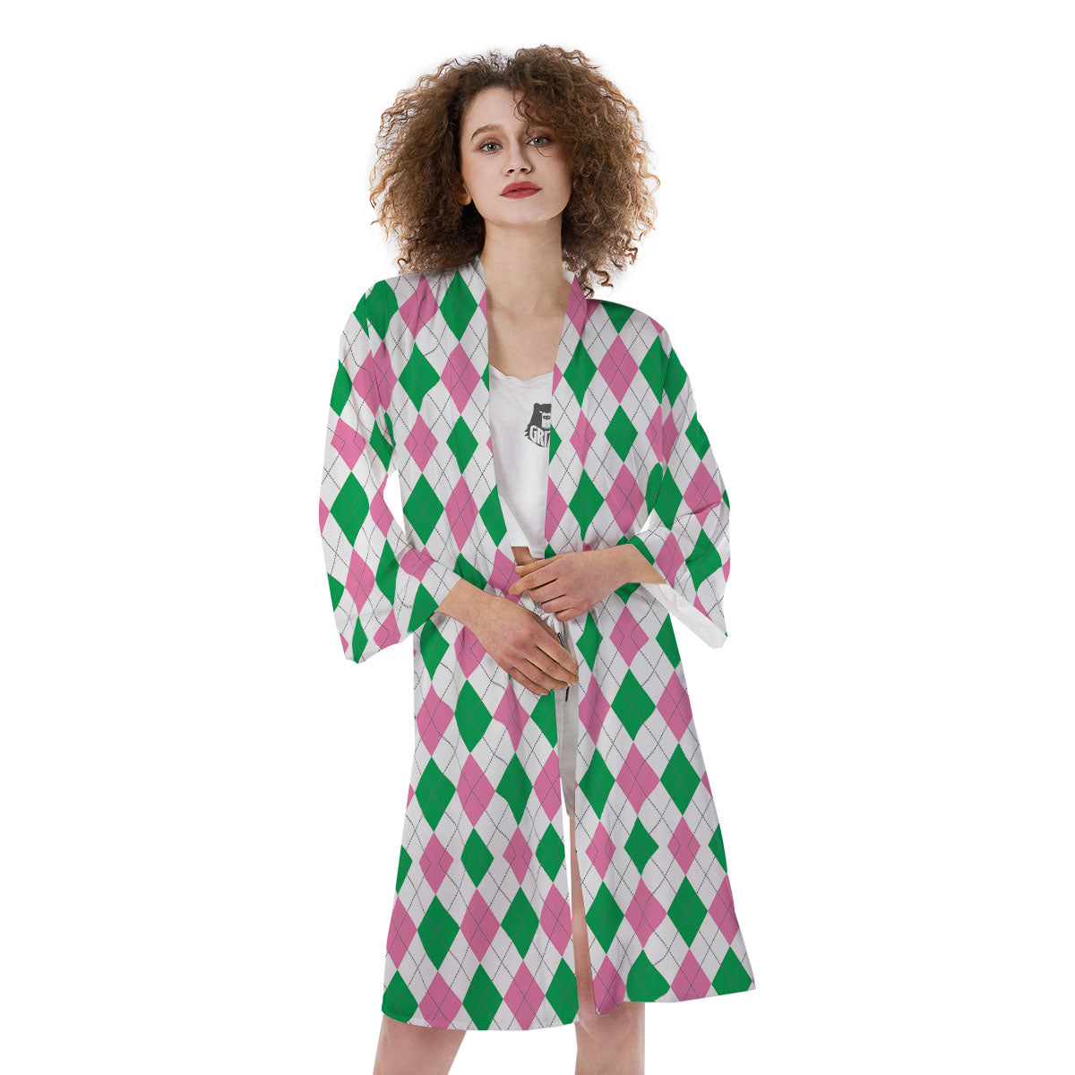 Pink Green And White Argyle Print Kimono-grizzshop