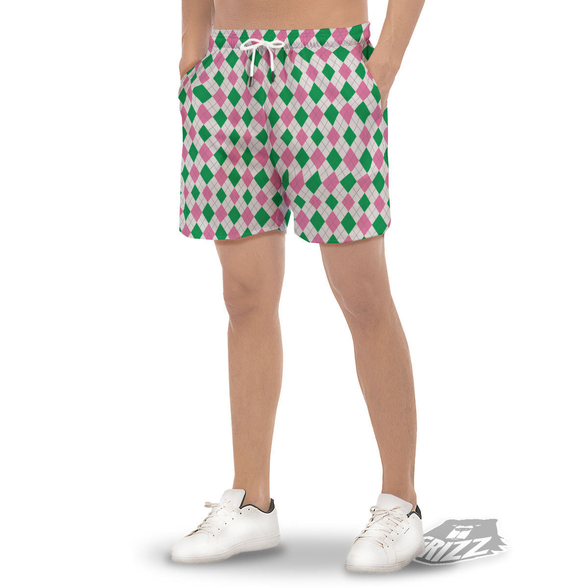 Pink Green And White Argyle Print Men's Gym Shorts-grizzshop