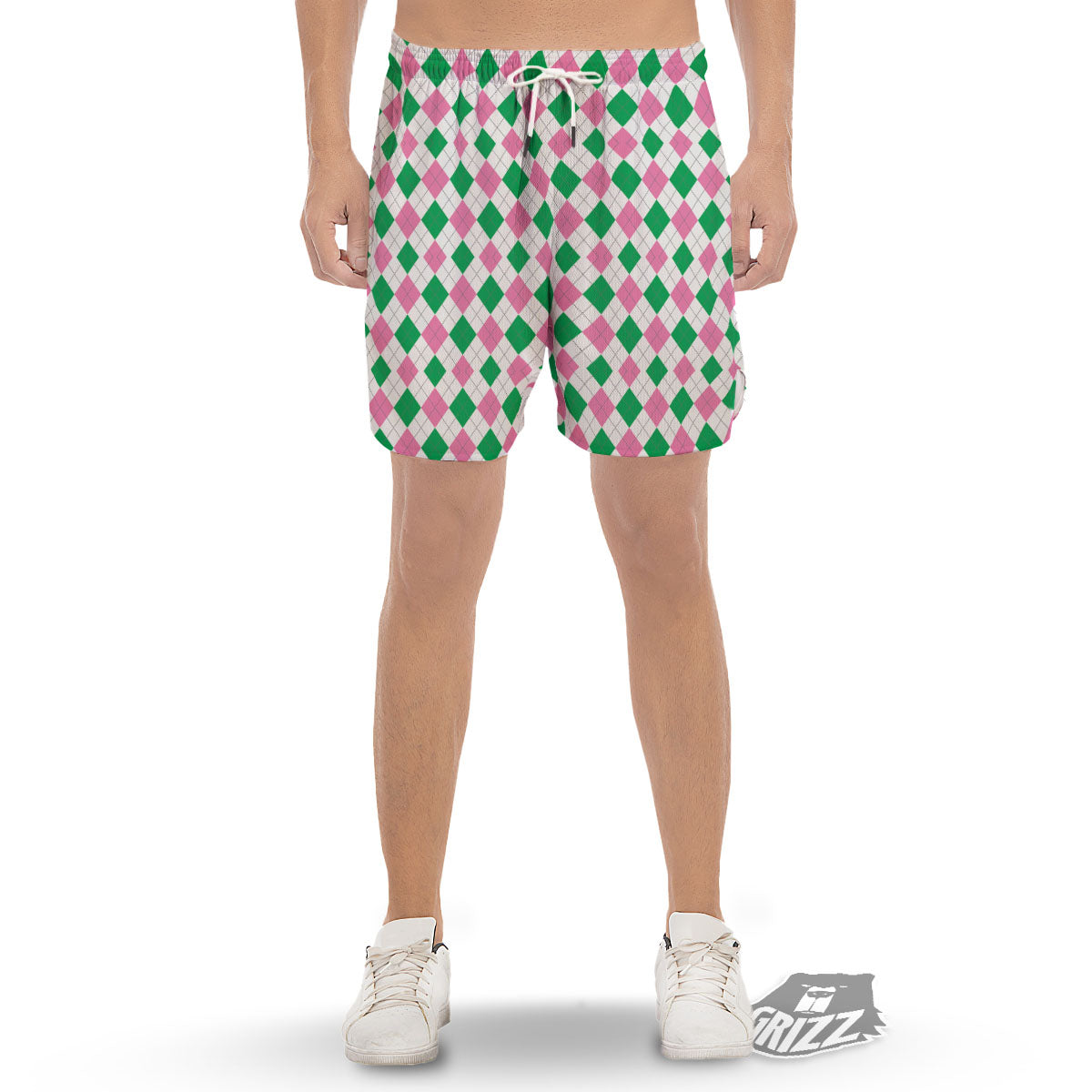 Pink Green And White Argyle Print Men's Gym Shorts-grizzshop