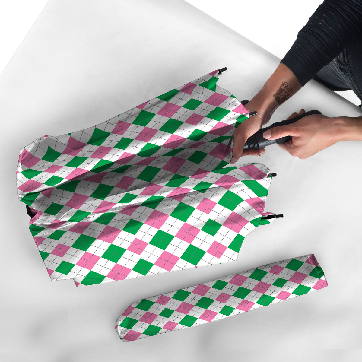 Pink Green And White Argyle Print Umbrella-grizzshop