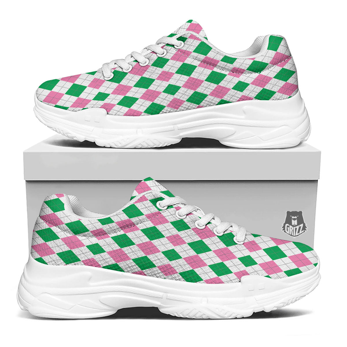 Pink Green And White Argyle Print White Chunky Shoes-grizzshop