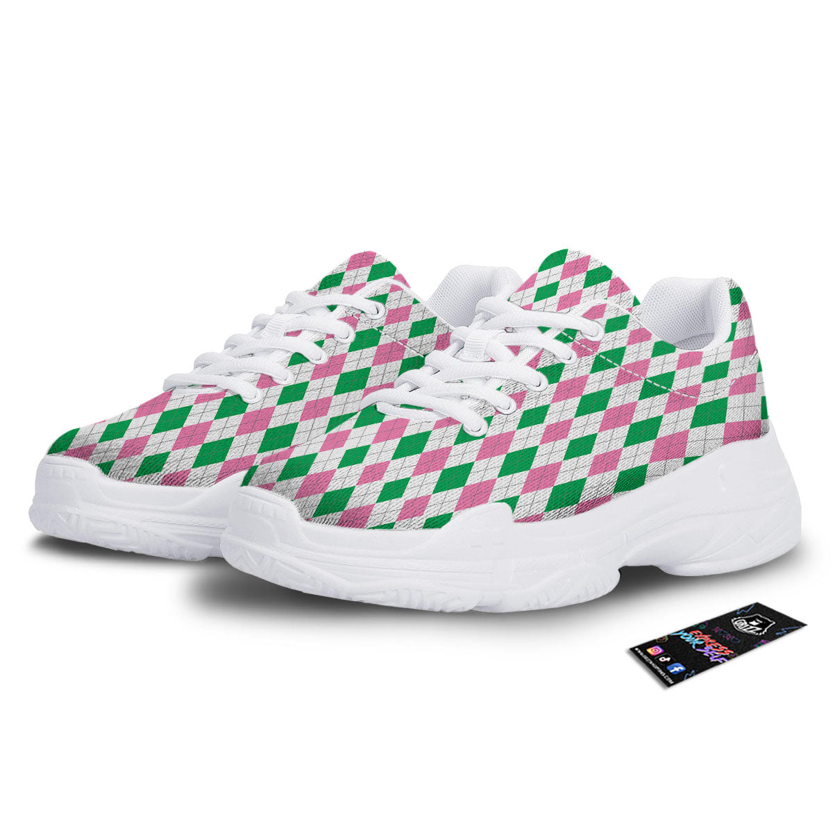 Pink Green And White Argyle Print White Chunky Shoes-grizzshop