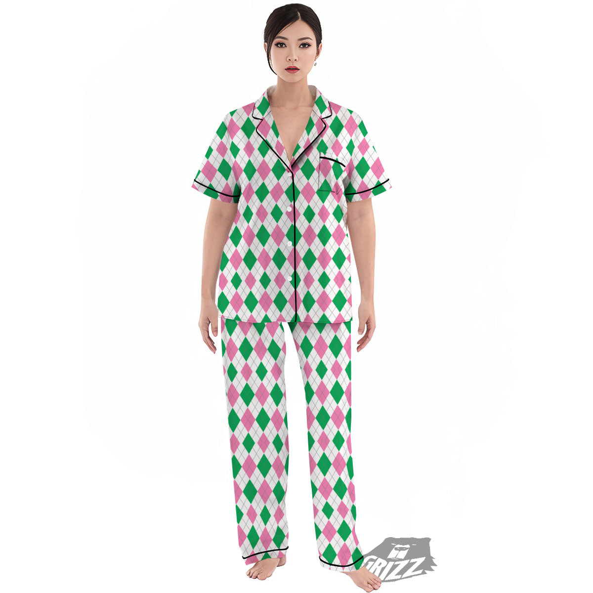 Pink Green And White Argyle Print Women's Pajamas Set-grizzshop