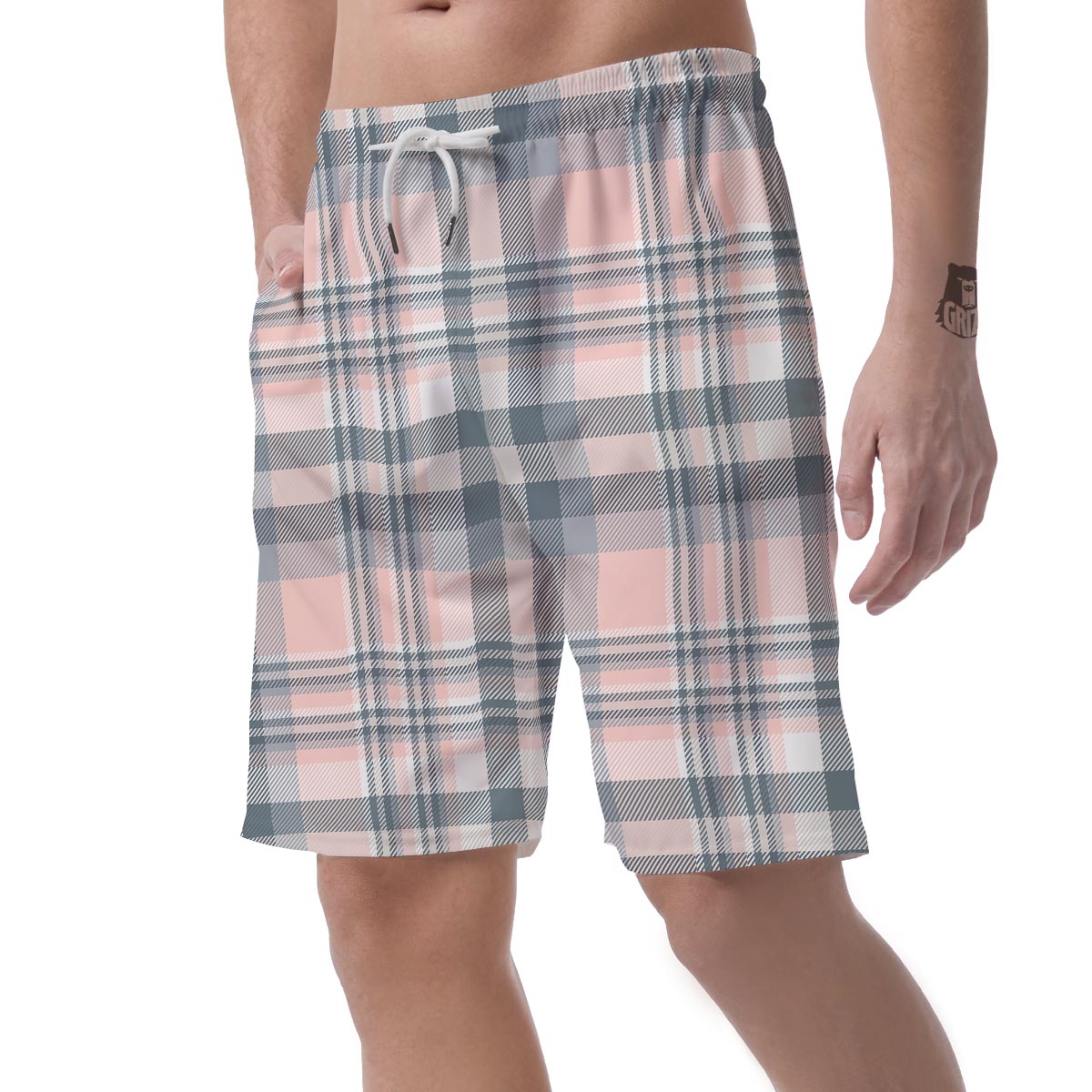 Pink Grey Plaid Tartan Men's Shorts-grizzshop