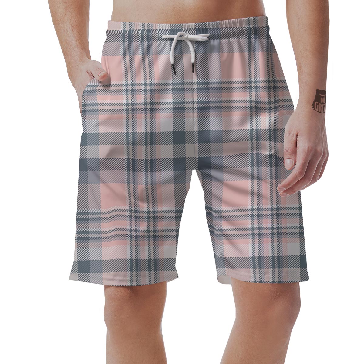 Pink Grey Plaid Tartan Men's Shorts-grizzshop