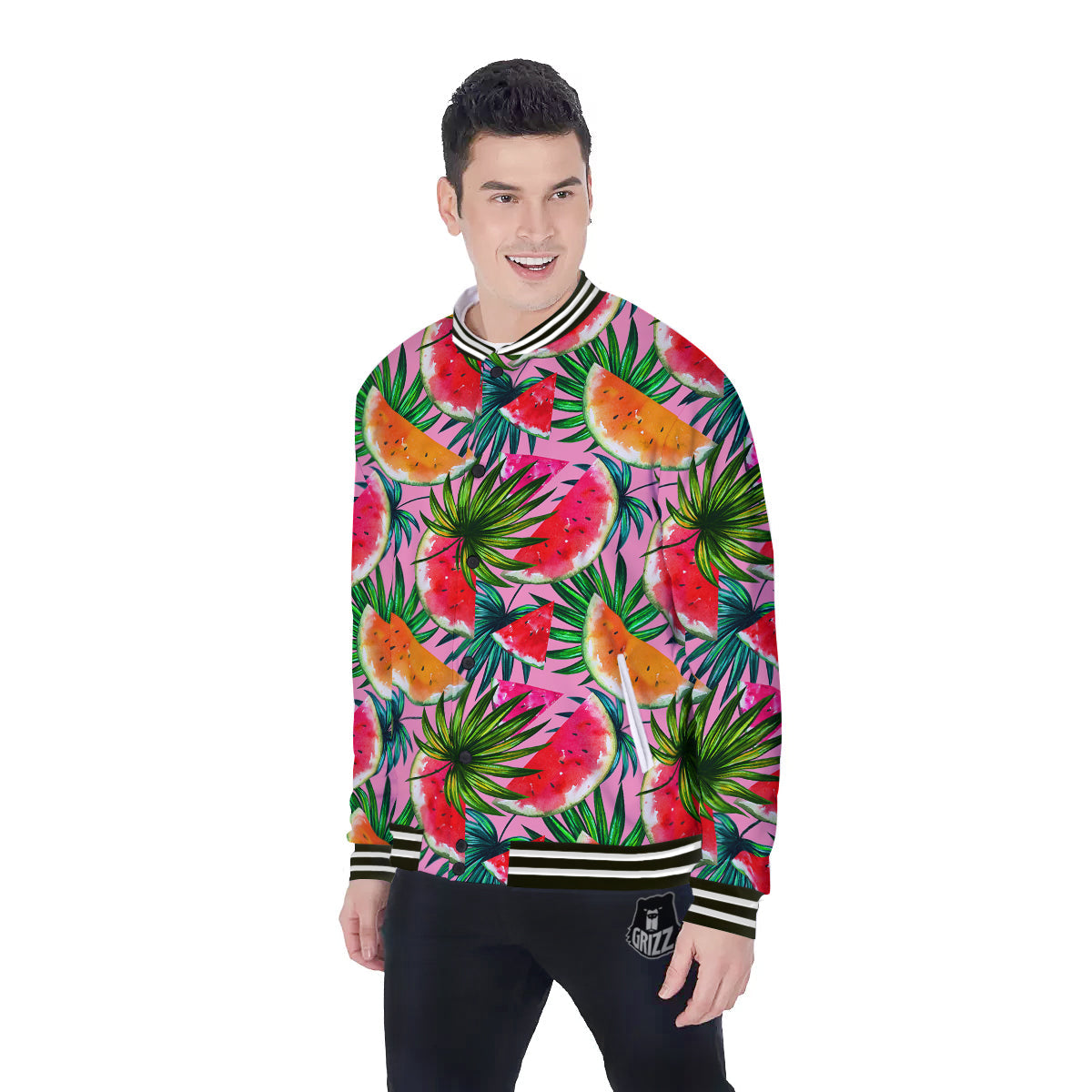 Pink Hawaiian Watermelon Print Pattern Baseball Jacket-grizzshop