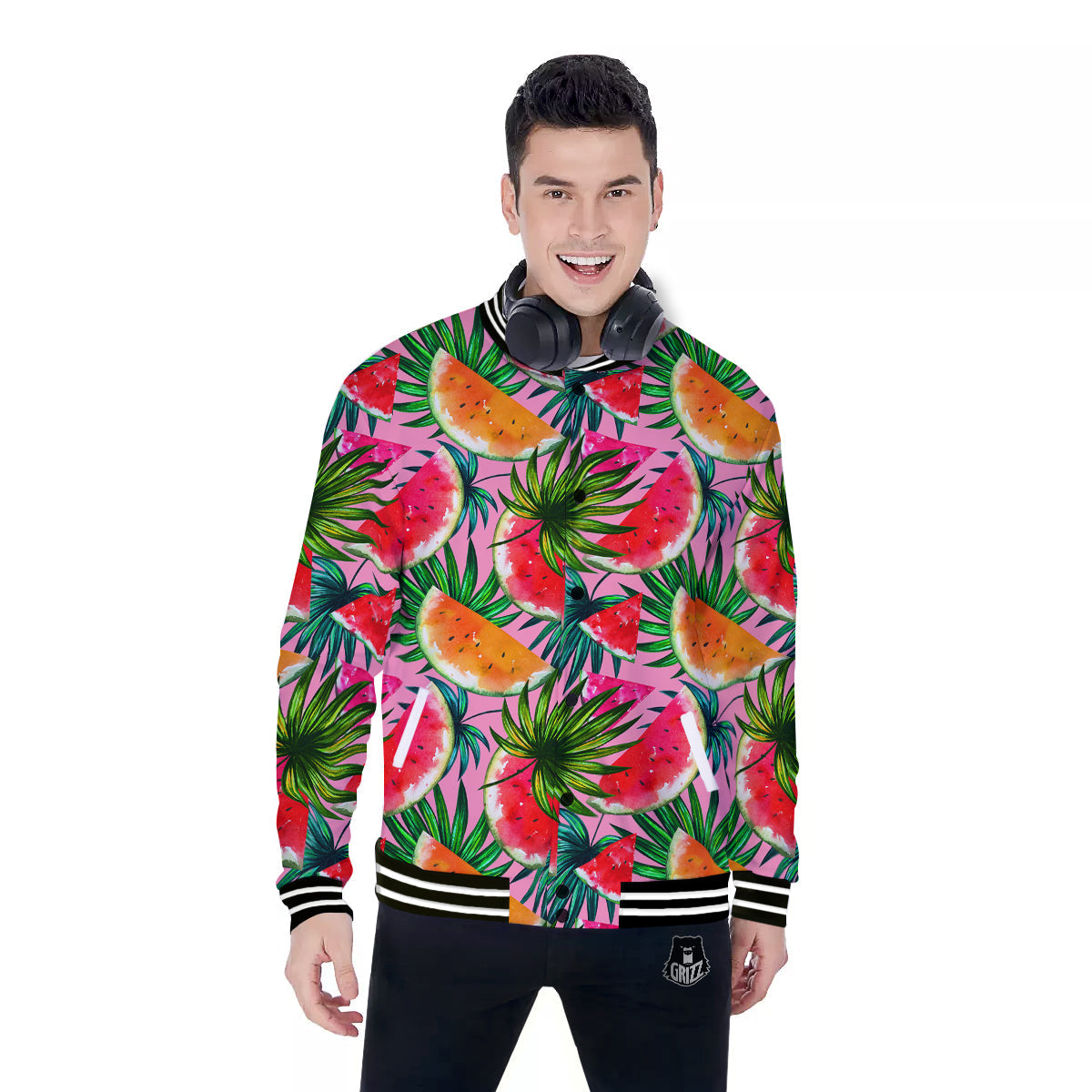 Pink Hawaiian Watermelon Print Pattern Baseball Jacket-grizzshop