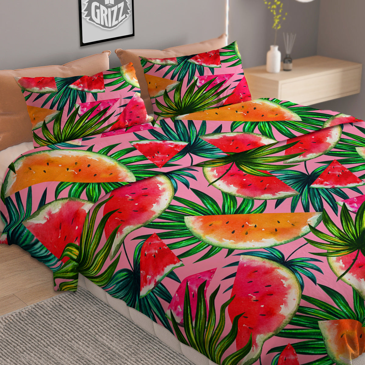 Pink Hawaiian Watermelon Print Pattern Duvet Cover Bedding Set