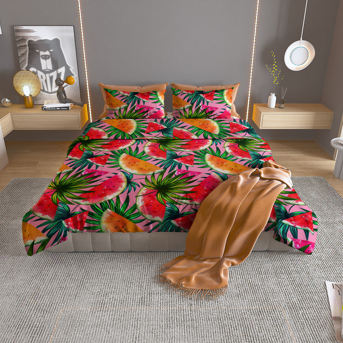 Pink Hawaiian Watermelon Print Pattern Duvet Cover Bedding Set
