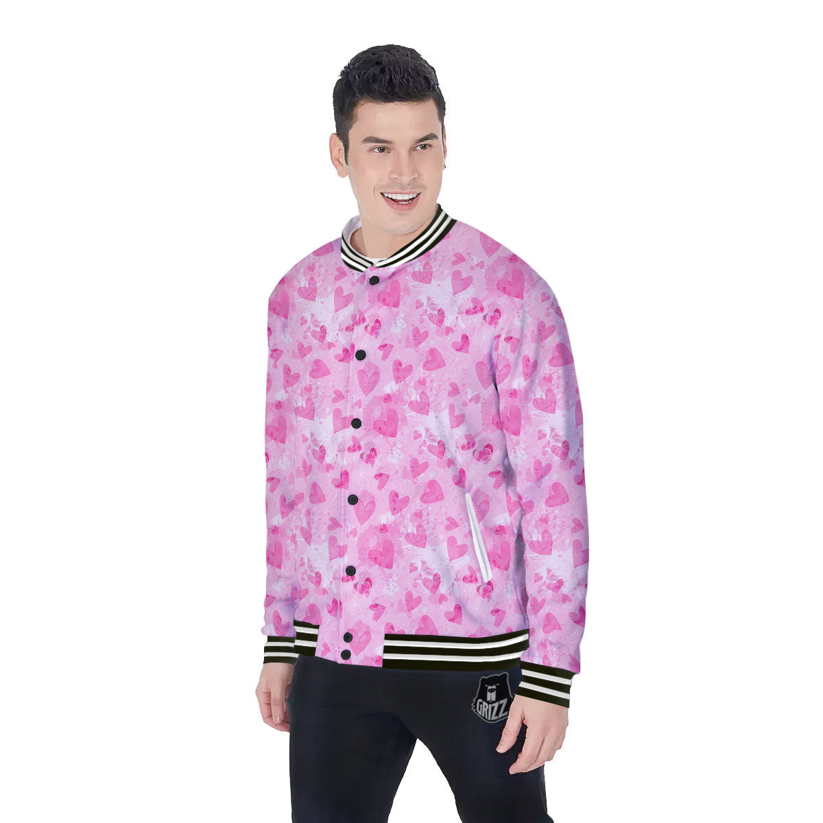 Pink Heart Cute Print Pattern Baseball Jacket-grizzshop