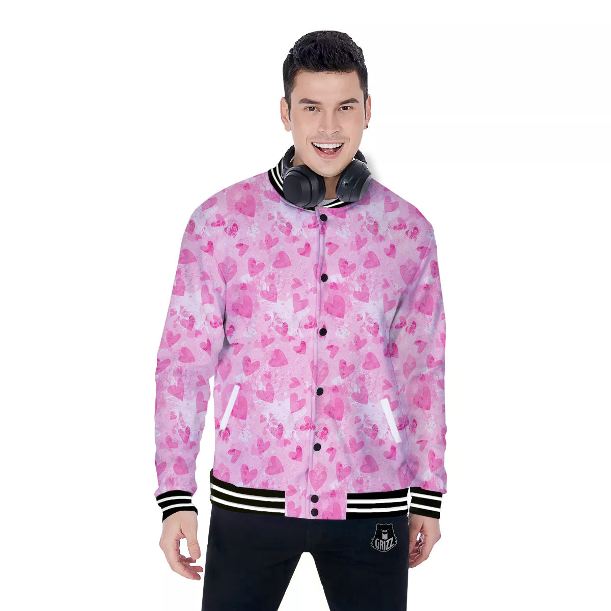Pink Heart Cute Print Pattern Baseball Jacket-grizzshop