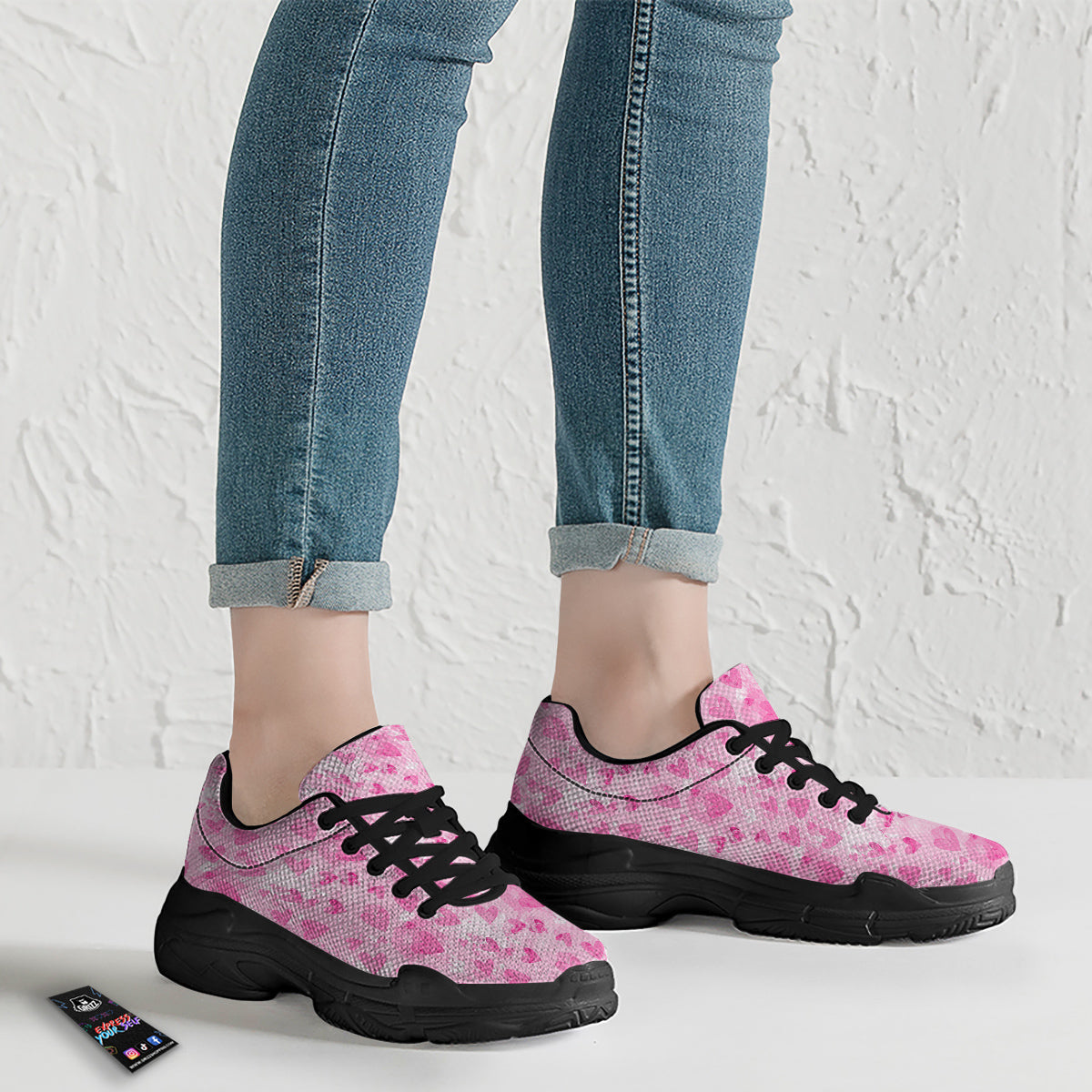 Pink Heart Cute Print Pattern Black Chunky Shoes-grizzshop