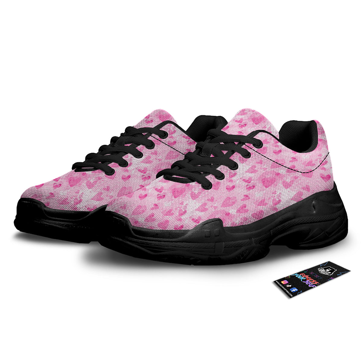 Pink Heart Cute Print Pattern Black Chunky Shoes-grizzshop