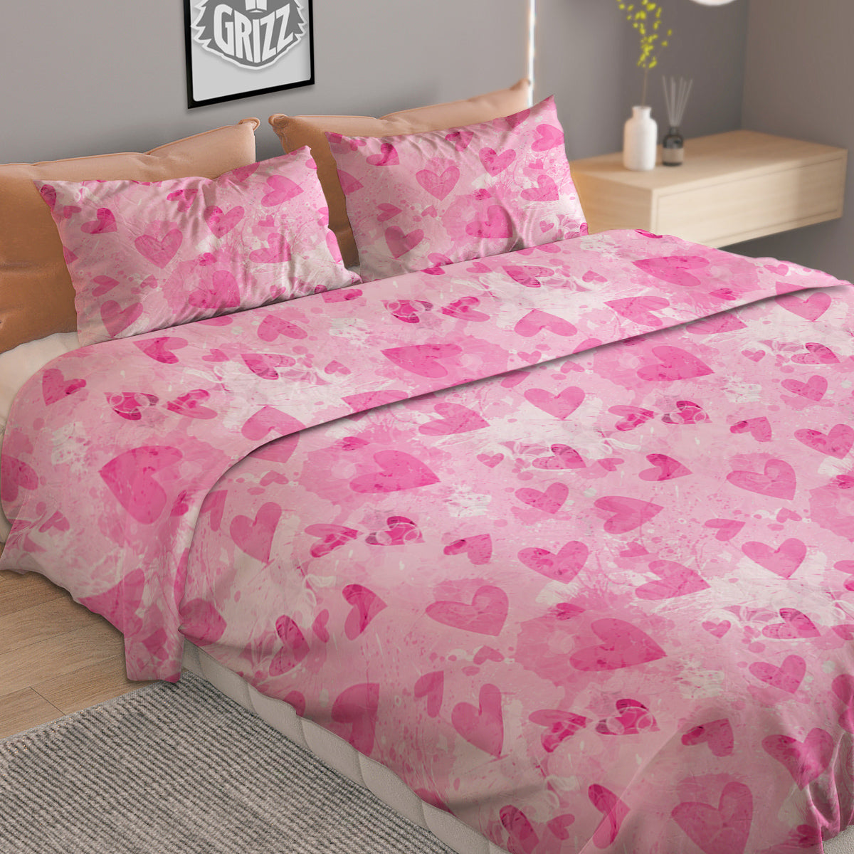 Pink Heart Cute Print Pattern Duvet Cover Bedding Set