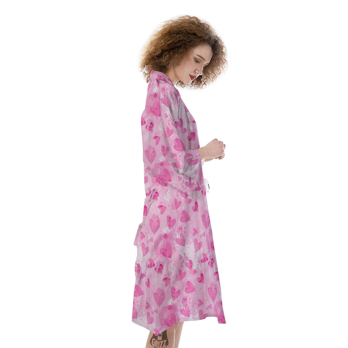 Pink Heart Cute Print Pattern Kimono-grizzshop