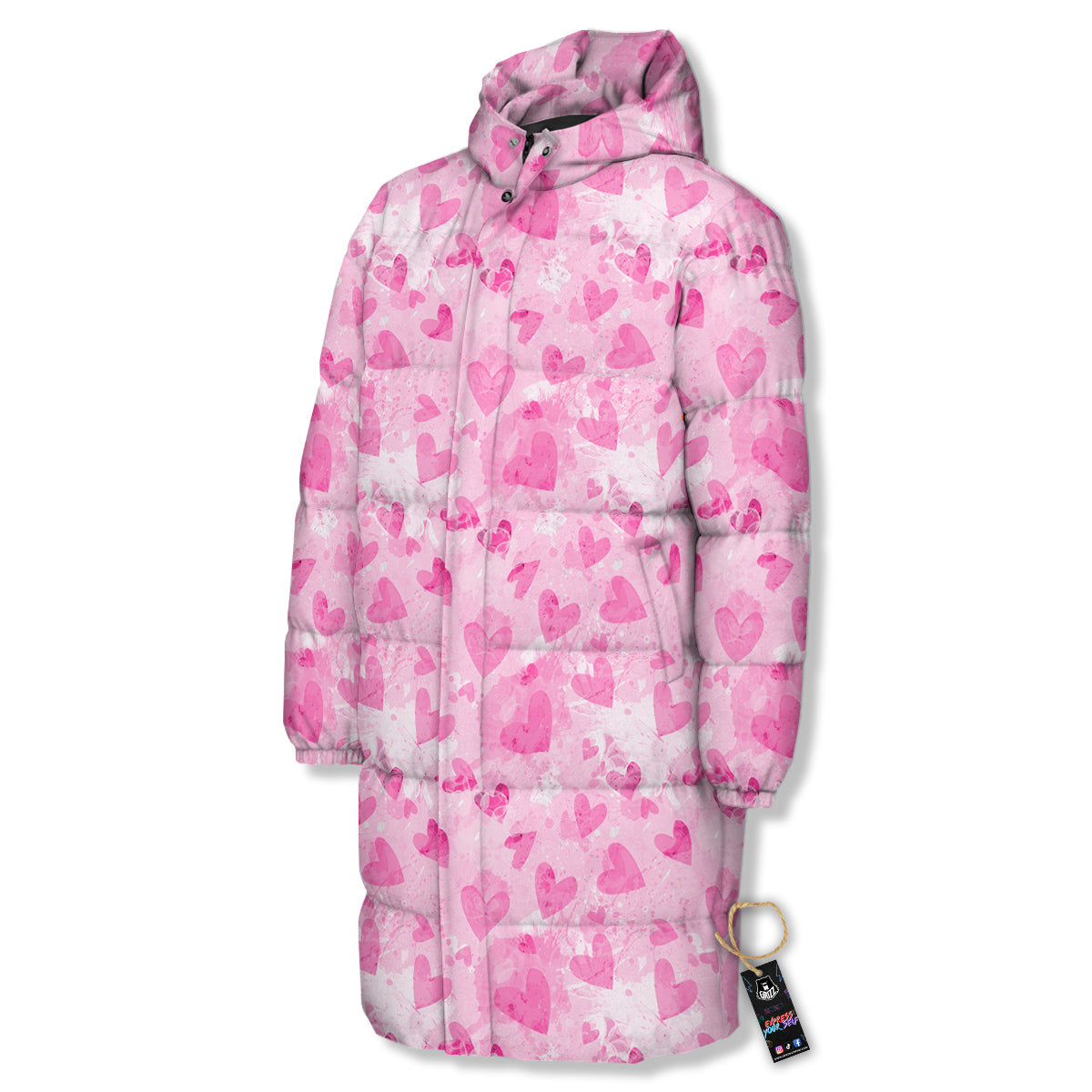Pink Heart Cute Print Pattern Long Down Jacket-grizzshop
