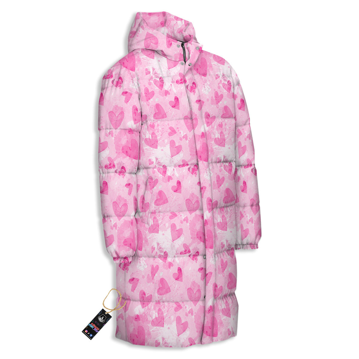Pink Heart Cute Print Pattern Long Down Jacket-grizzshop