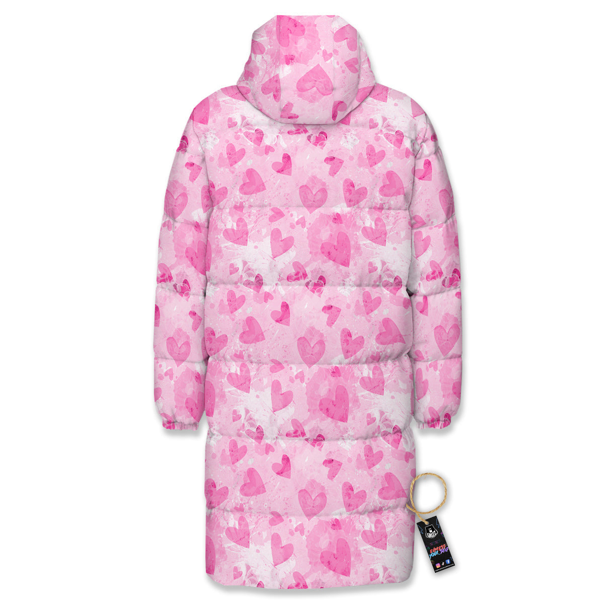 Pink Heart Cute Print Pattern Long Down Jacket-grizzshop