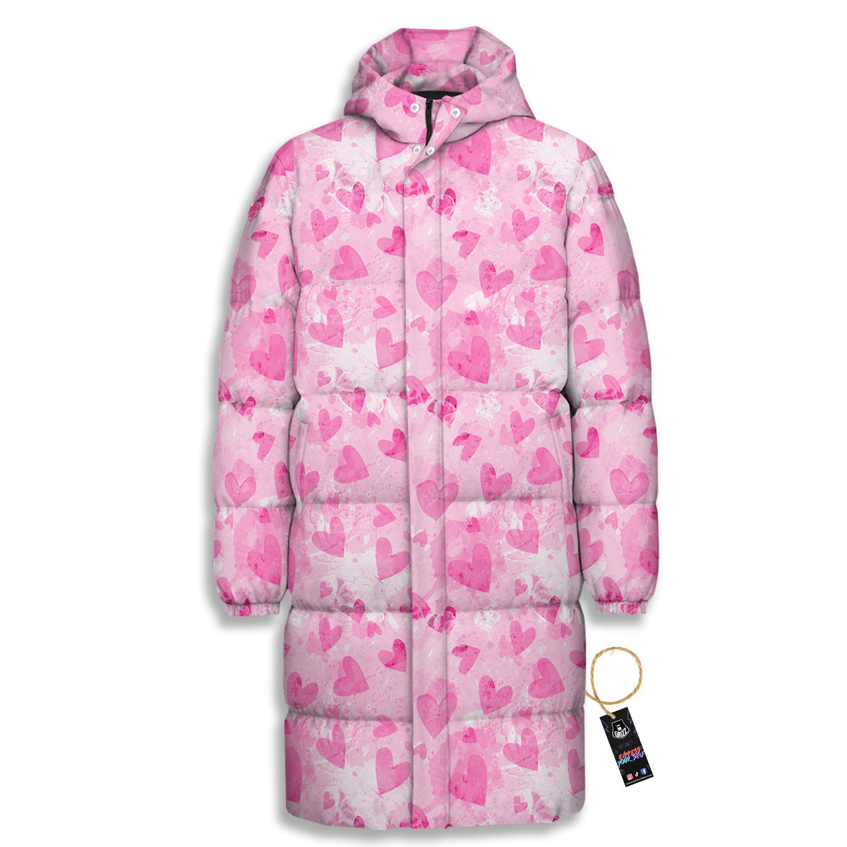 Pink Heart Cute Print Pattern Long Down Jacket-grizzshop