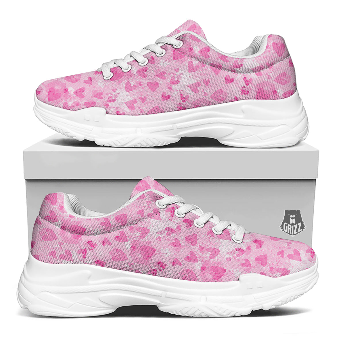 Pink Heart Cute Print Pattern White Chunky Shoes-grizzshop