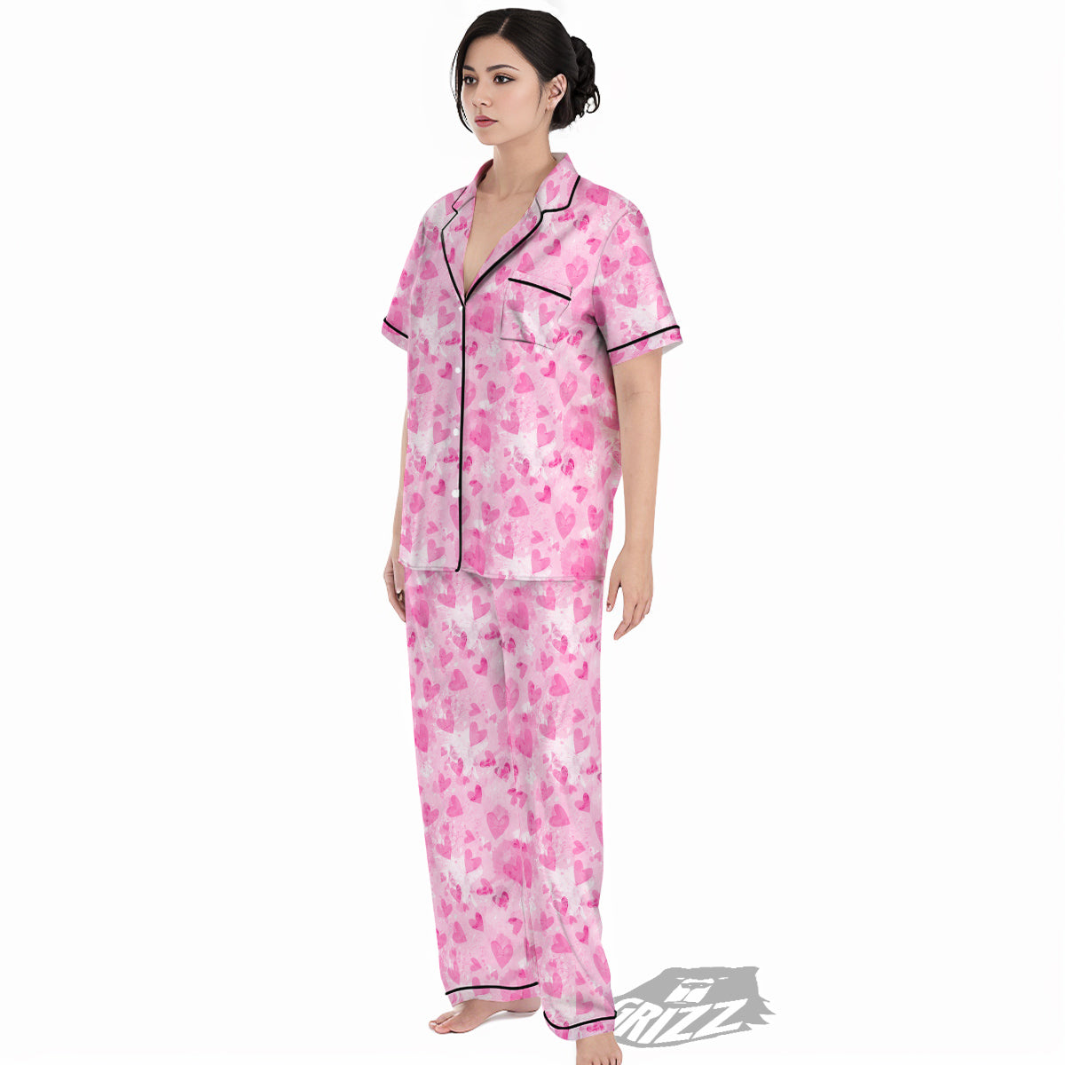 Pink Heart Cute Print Pattern Women's Pajamas Set-grizzshop