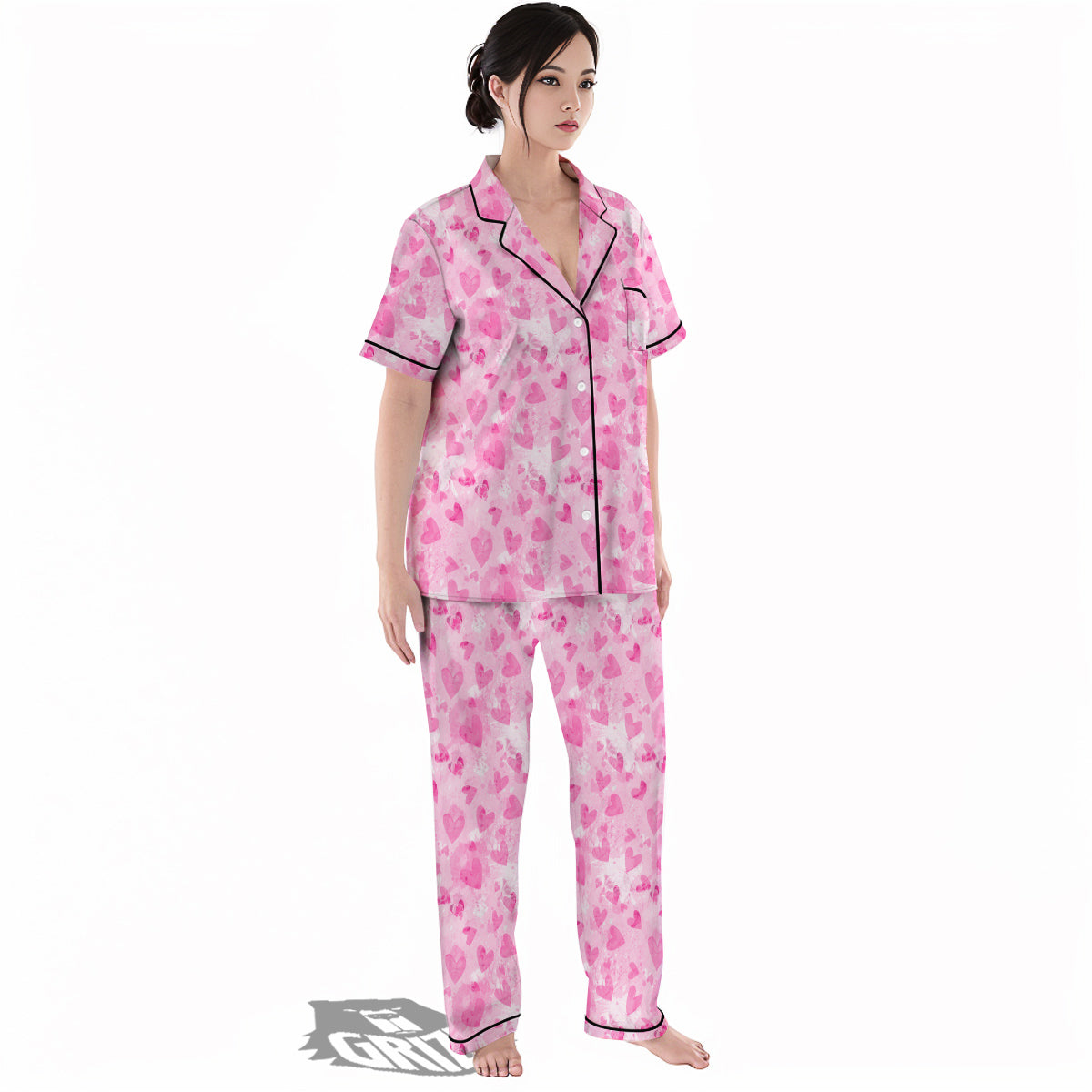 Pink Heart Cute Print Pattern Women's Pajamas Set-grizzshop