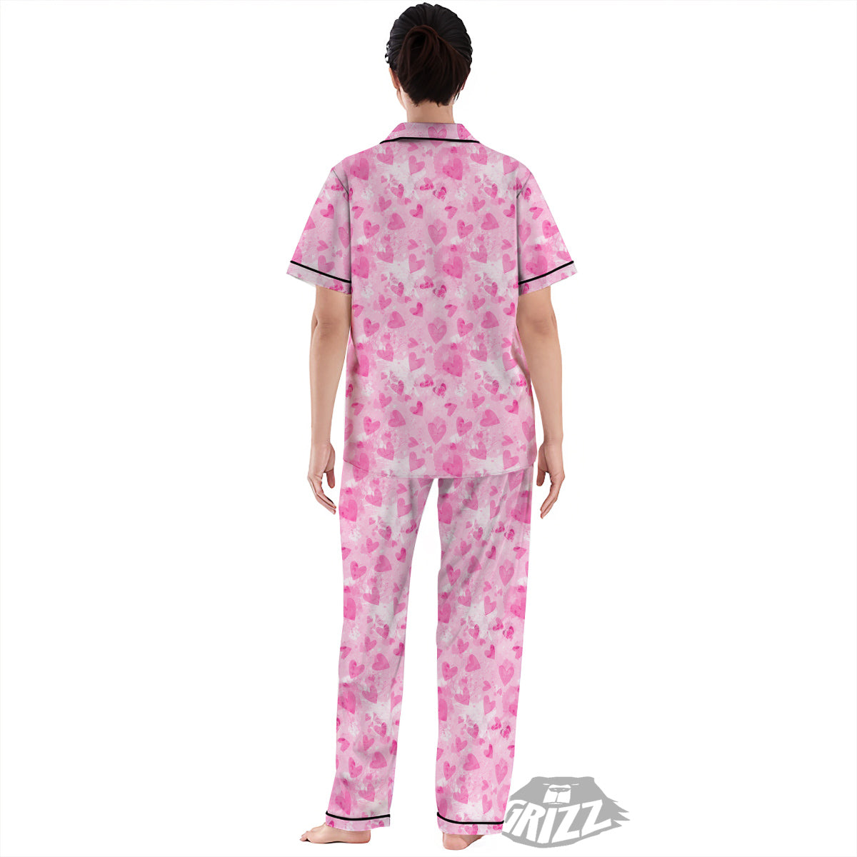 Pink Heart Cute Print Pattern Women's Pajamas Set-grizzshop