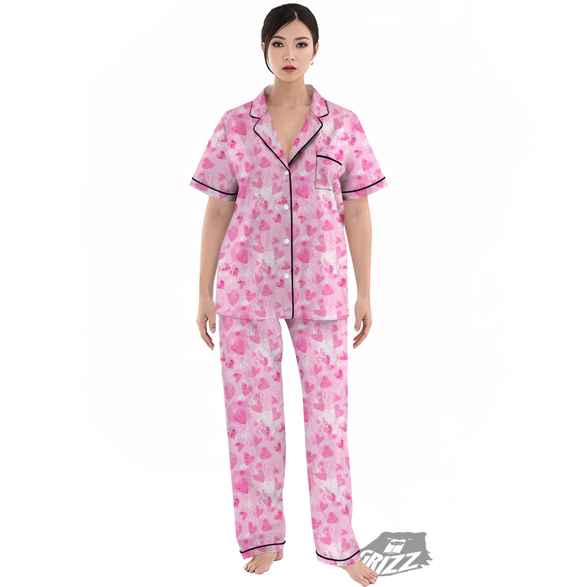 Pink Heart Cute Print Pattern Women's Pajamas Set-grizzshop
