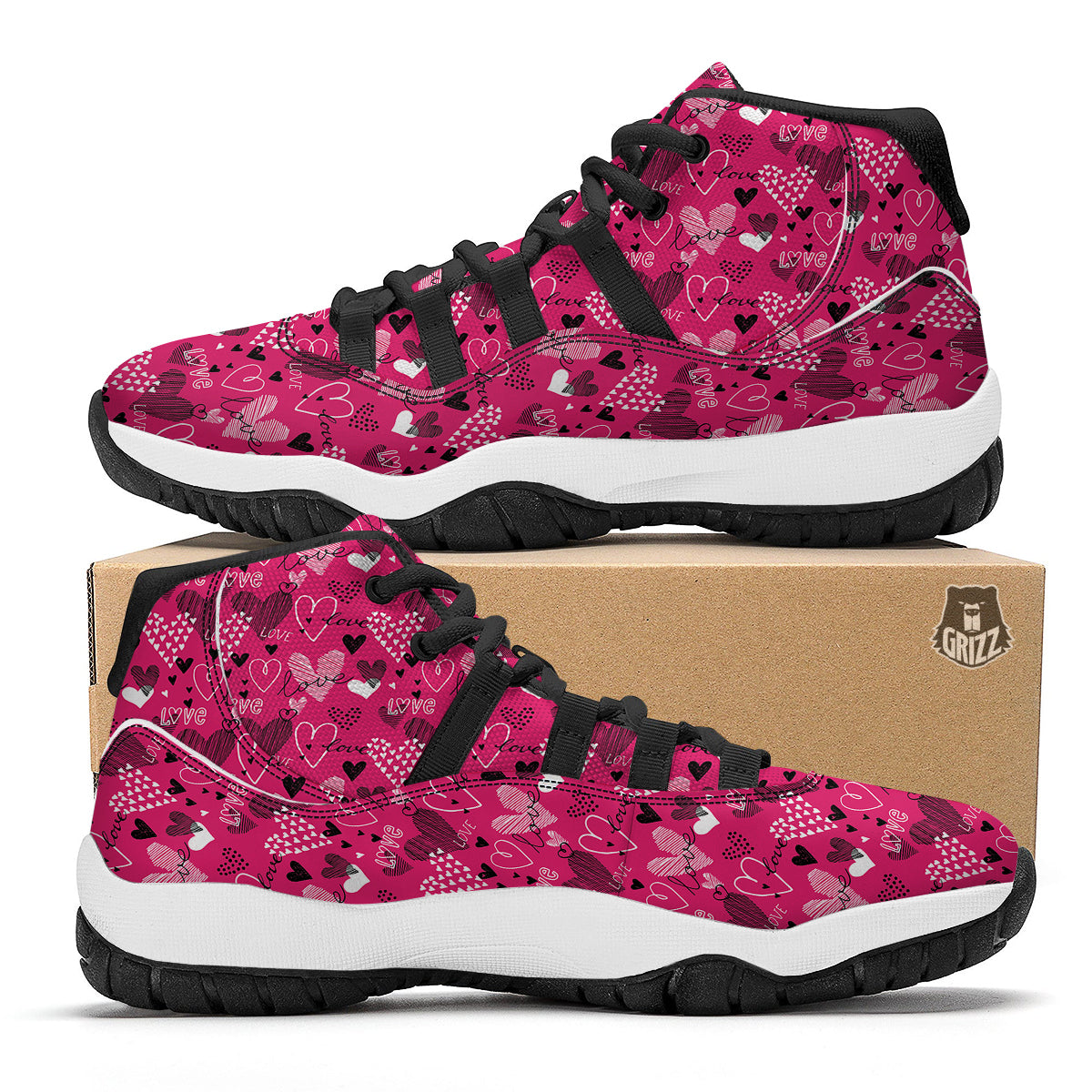 Pink Heart Valentine Print Pattern Black Bball Shoes-grizzshop