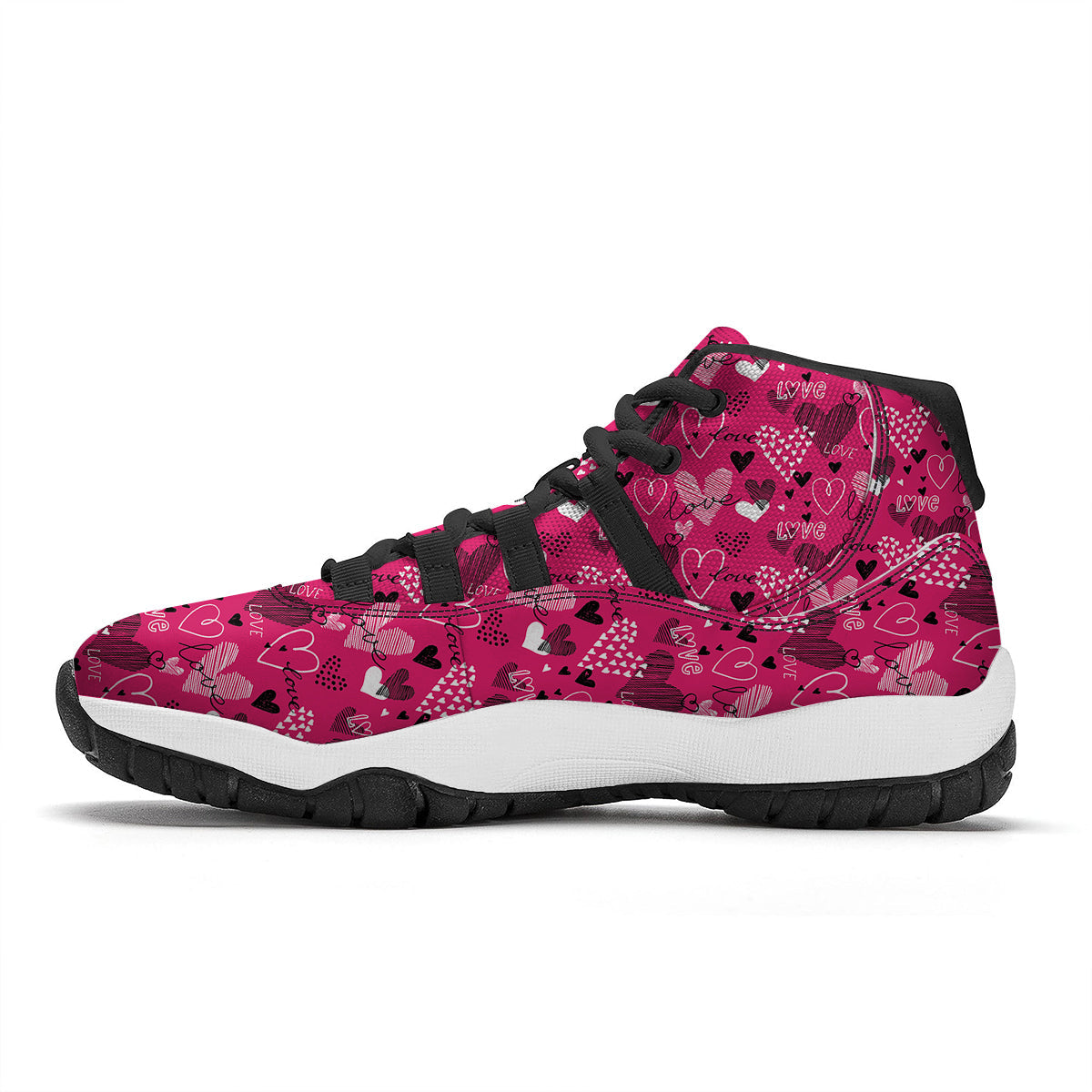 Pink Heart Valentine Print Pattern Black Bball Shoes-grizzshop