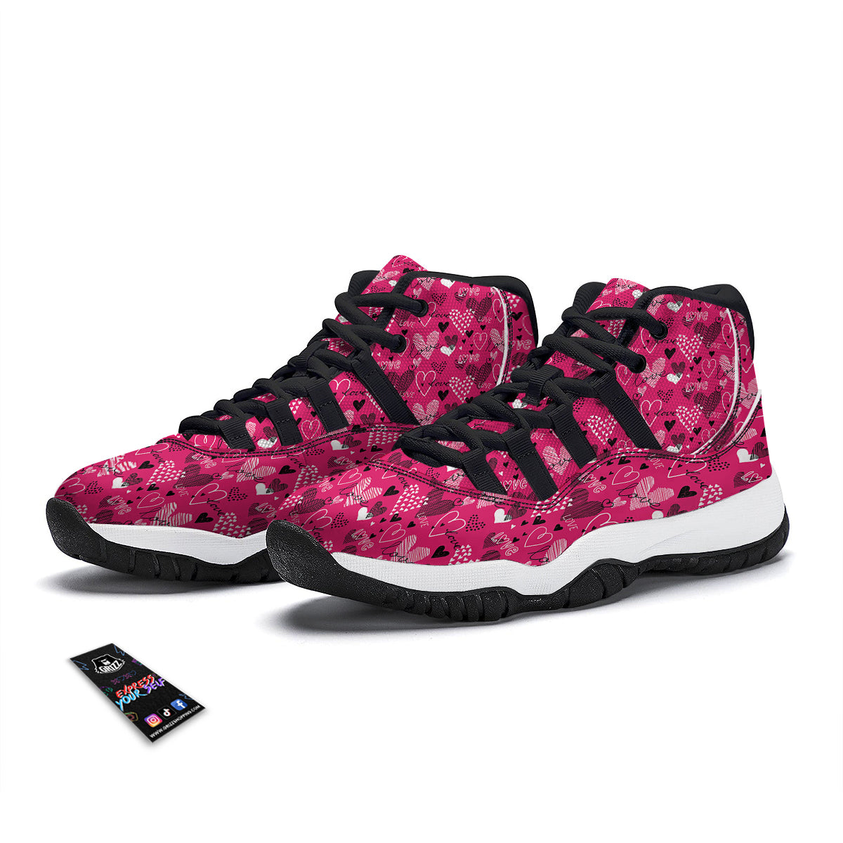 Pink Heart Valentine Print Pattern Black Bball Shoes-grizzshop