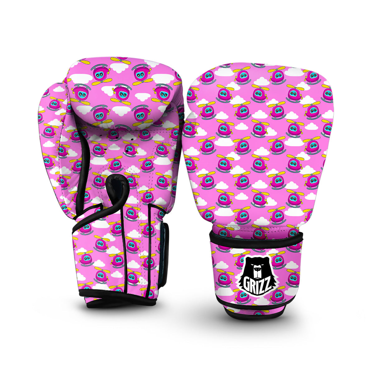 Pink Helicopter Print Pattern Boxing Gloves-grizzshop