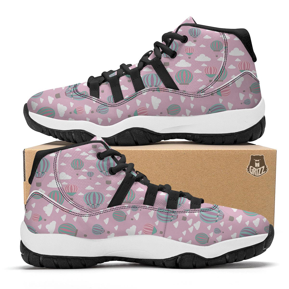 Pink Hot Air Balloon Pattern Print Black Bball Shoes-grizzshop