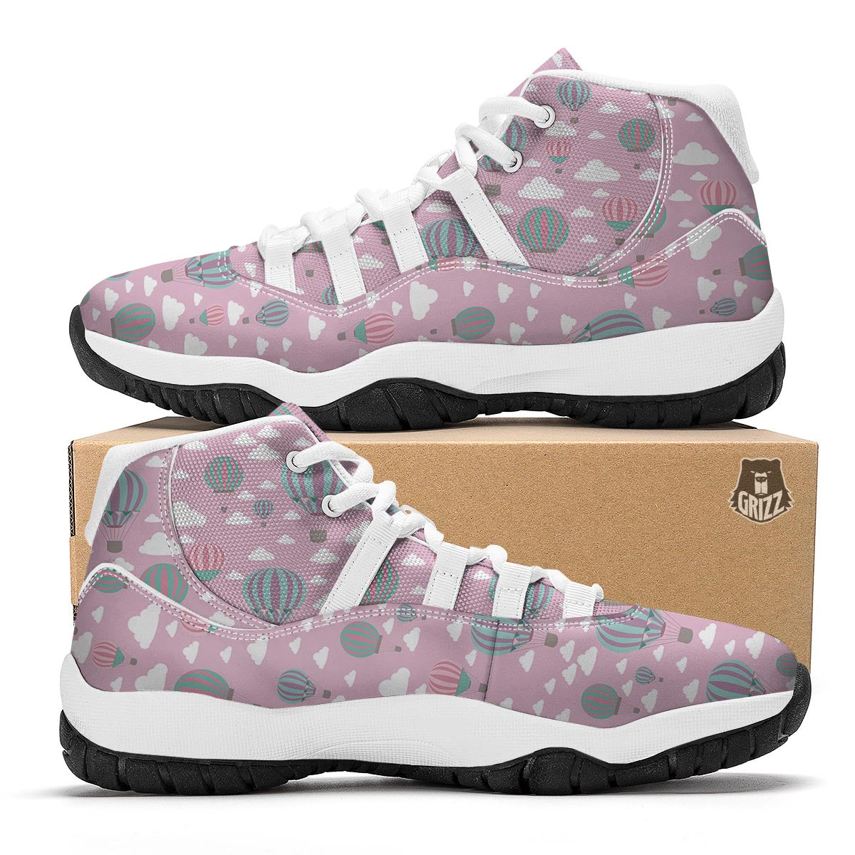 Pink Hot Air Balloon Pattern Print White Bball Shoes-grizzshop