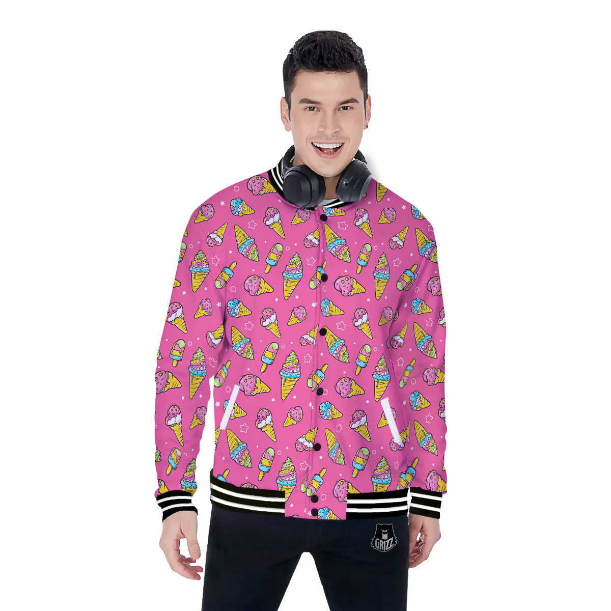 Pink Ice Creams Cute Print Pattern Baseball Jacket-grizzshop