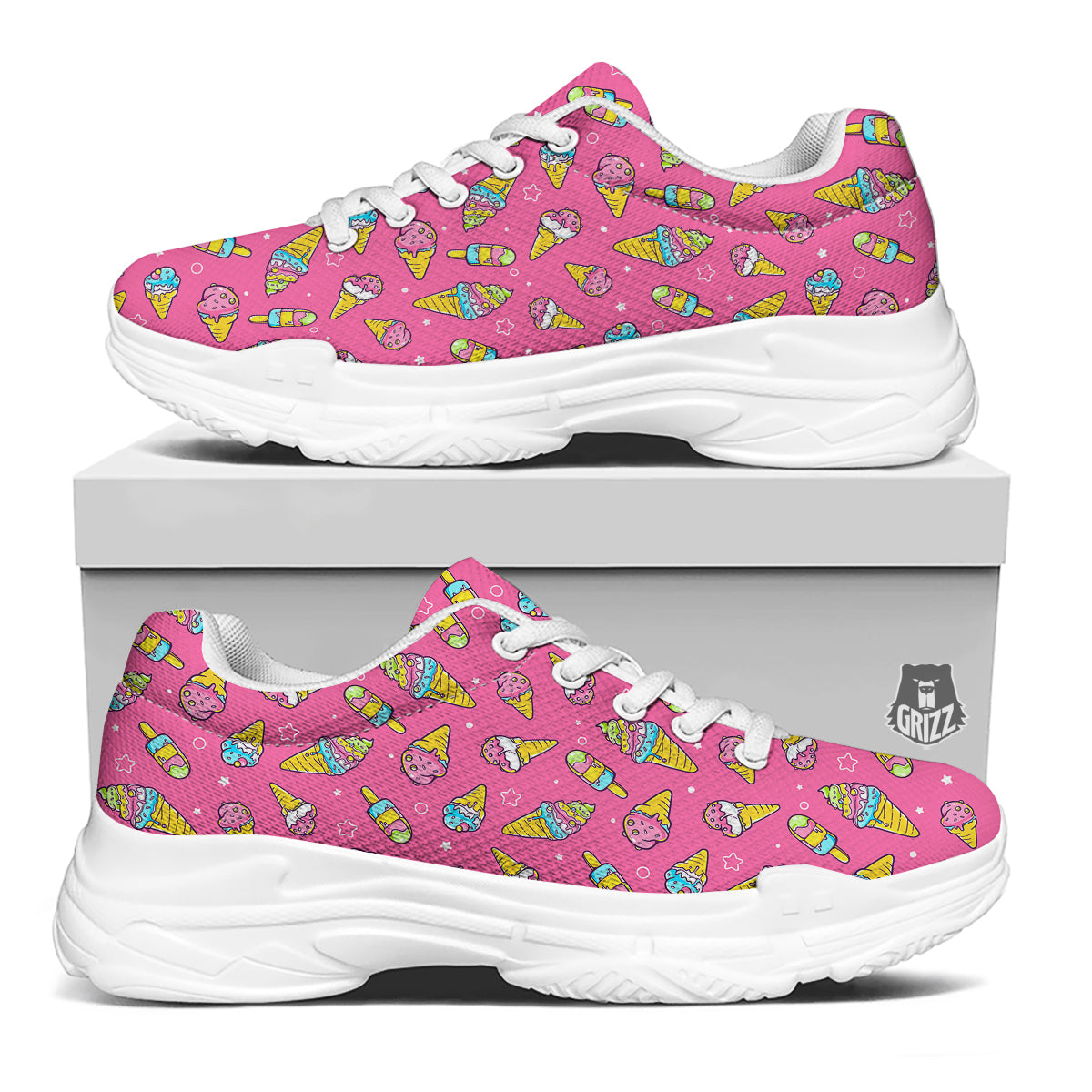 Pink Ice Creams Cute Print Pattern White Chunky Shoes-grizzshop