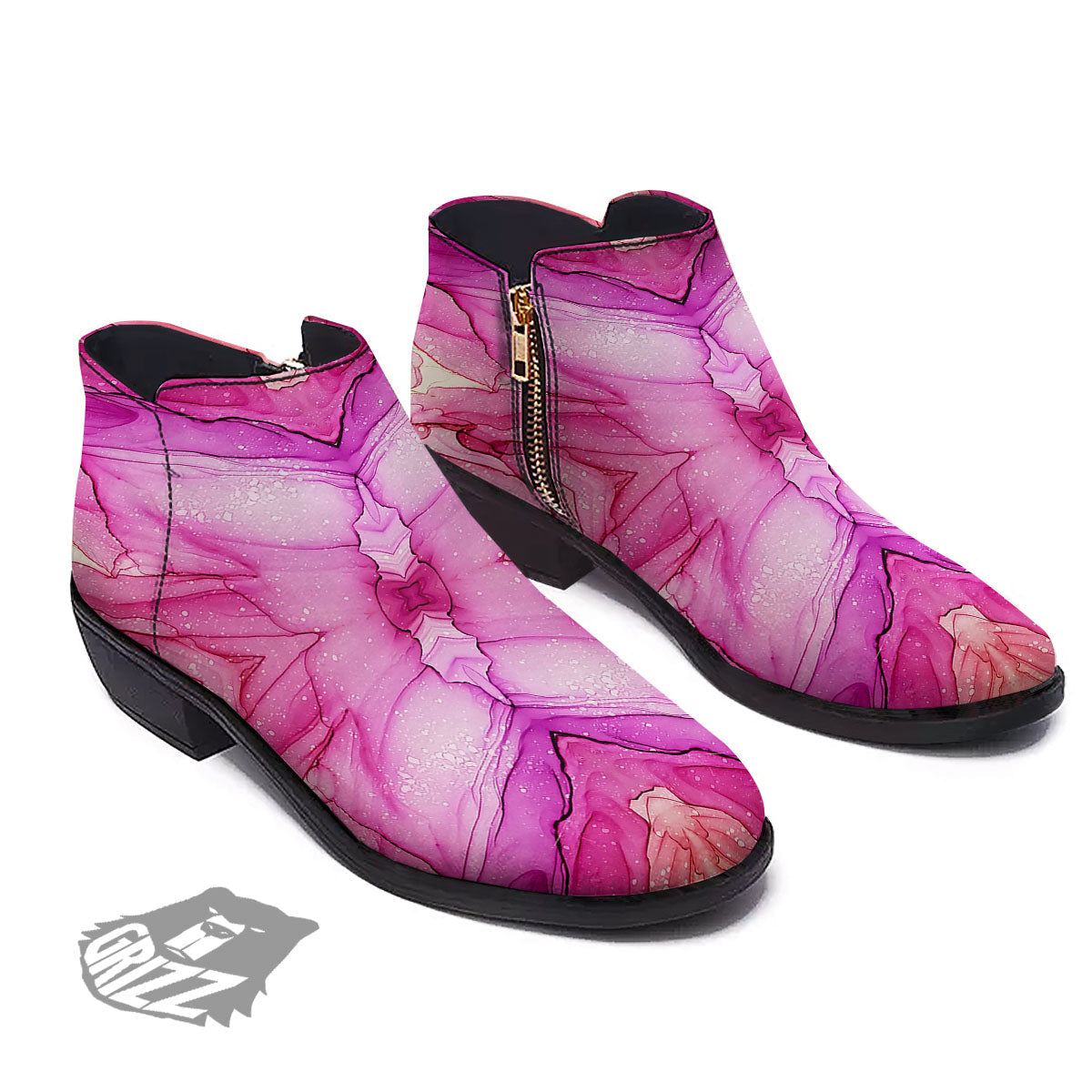Pink Kaleidoscope Print Ankle Boots-grizzshop