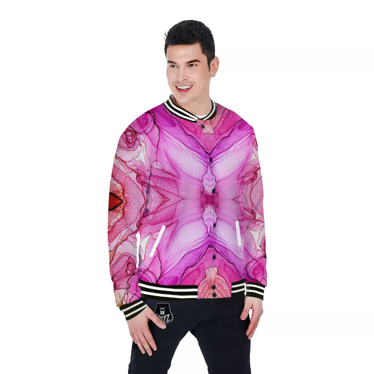 Pink Kaleidoscope Print Baseball Jacket-grizzshop