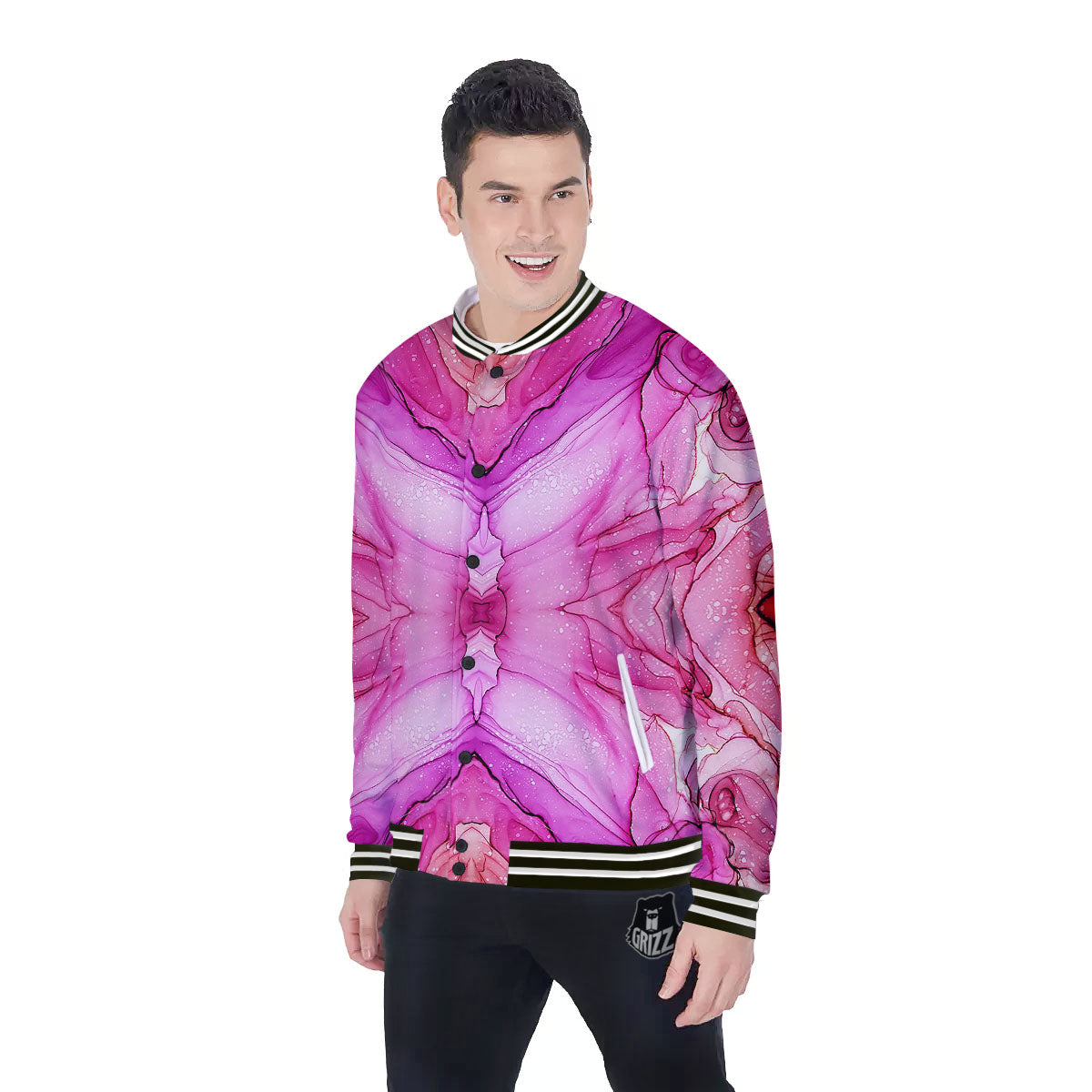 Pink Kaleidoscope Print Baseball Jacket-grizzshop