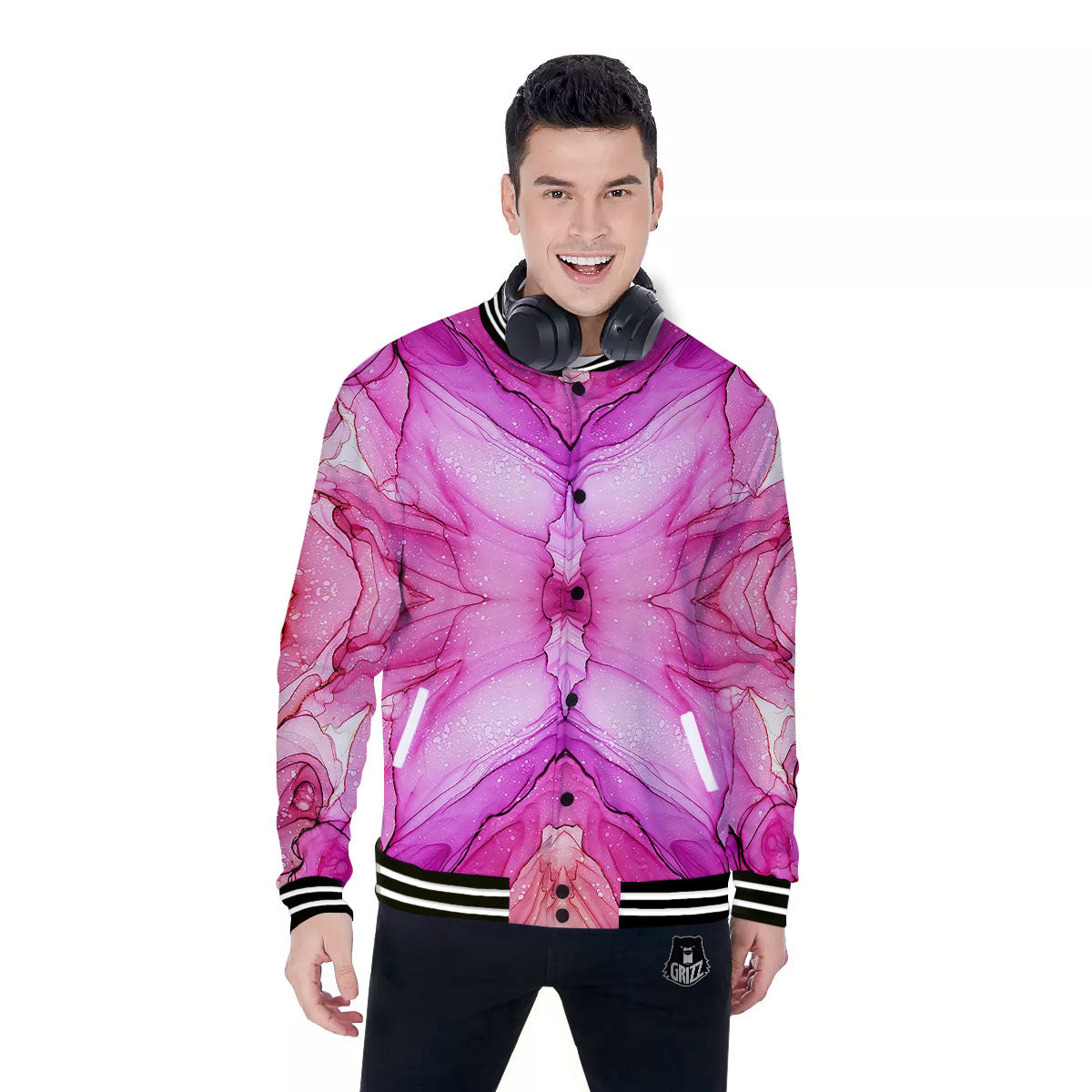 Pink Kaleidoscope Print Baseball Jacket-grizzshop